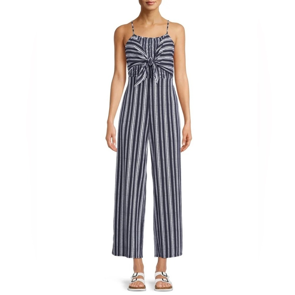 No Boundaries Navy White Striped Wide Leg Jumpsuit Bow Front Coastal Nautical S